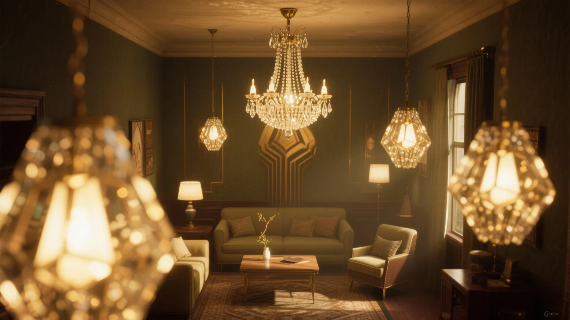 1920s Art Deco living room with crystal chandelier and bold pendant lights