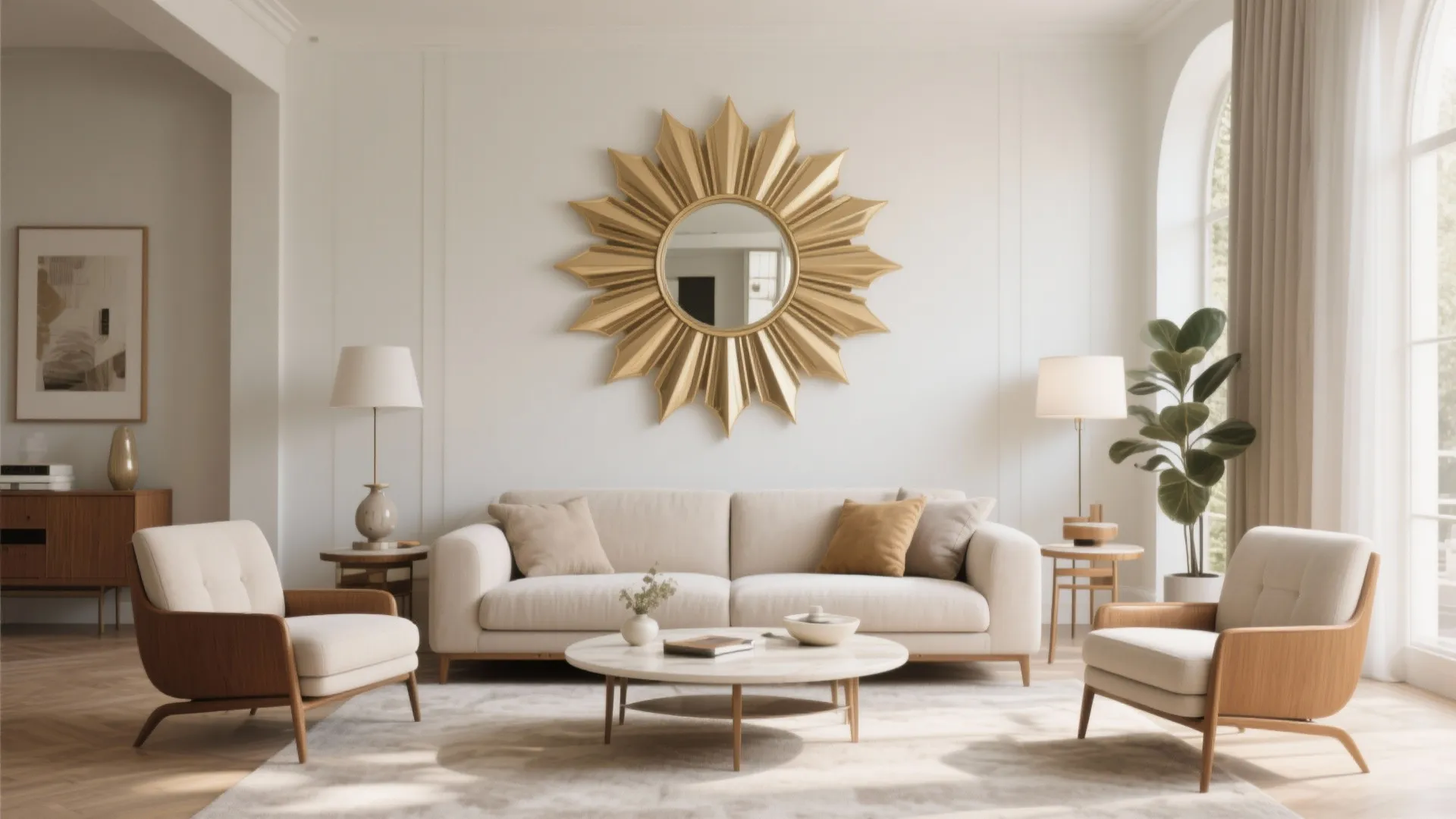 Neutral living room with an Art Deco sunburst mirror