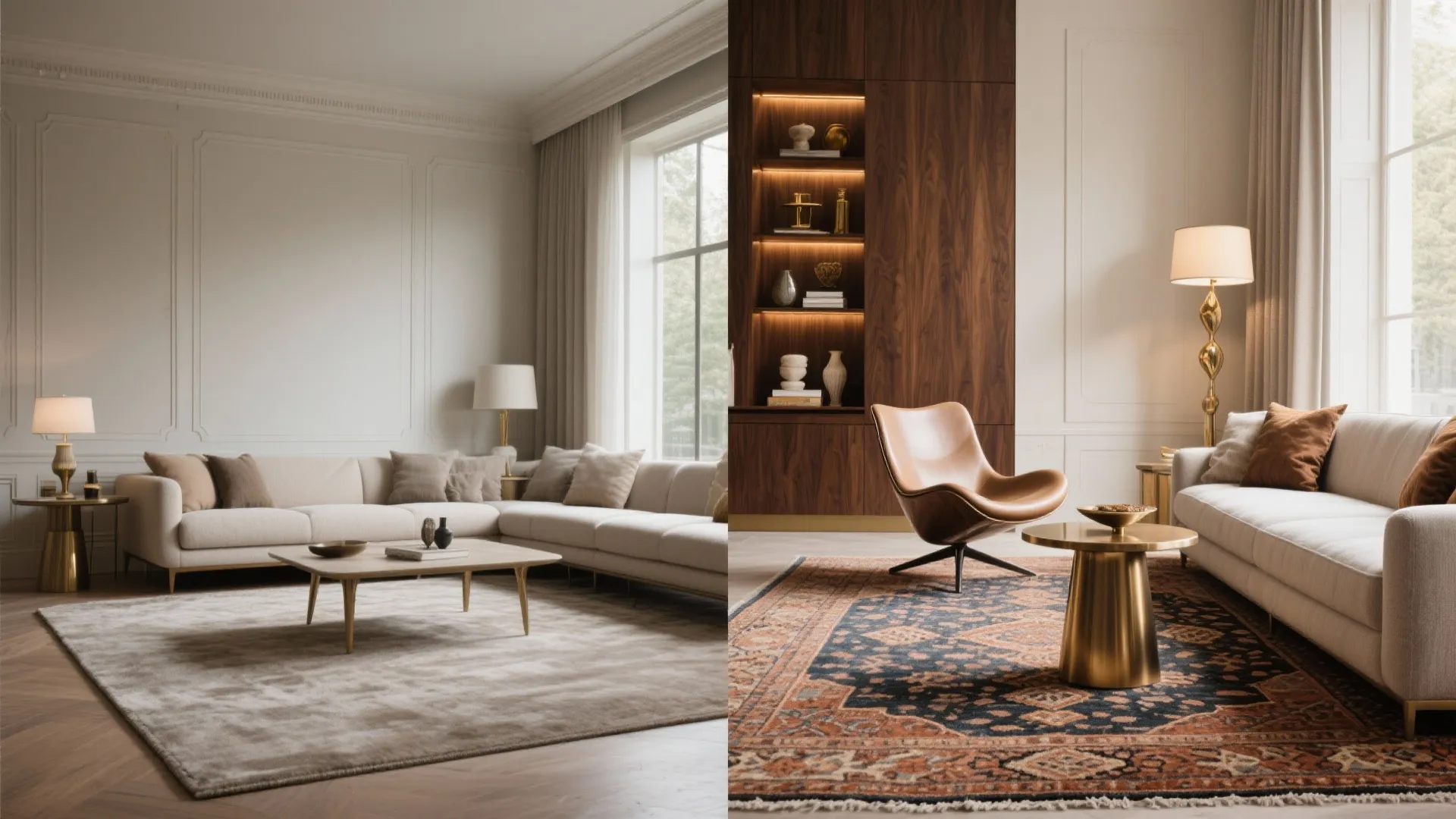 Before-and-after living room with a larger rug, sculptural chair, and bronze side table elevating the space.