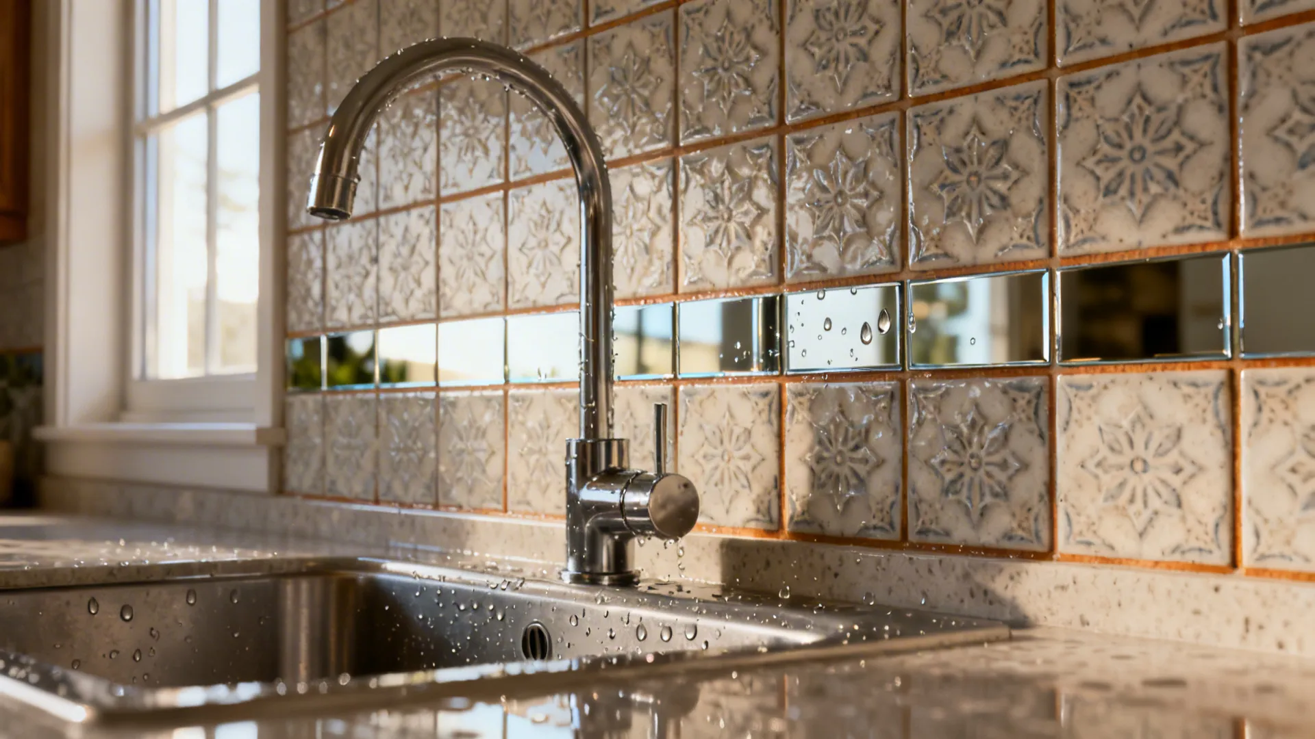 Close-up of a patterned tile backsplash with a mirrored band brightening the sink wall.