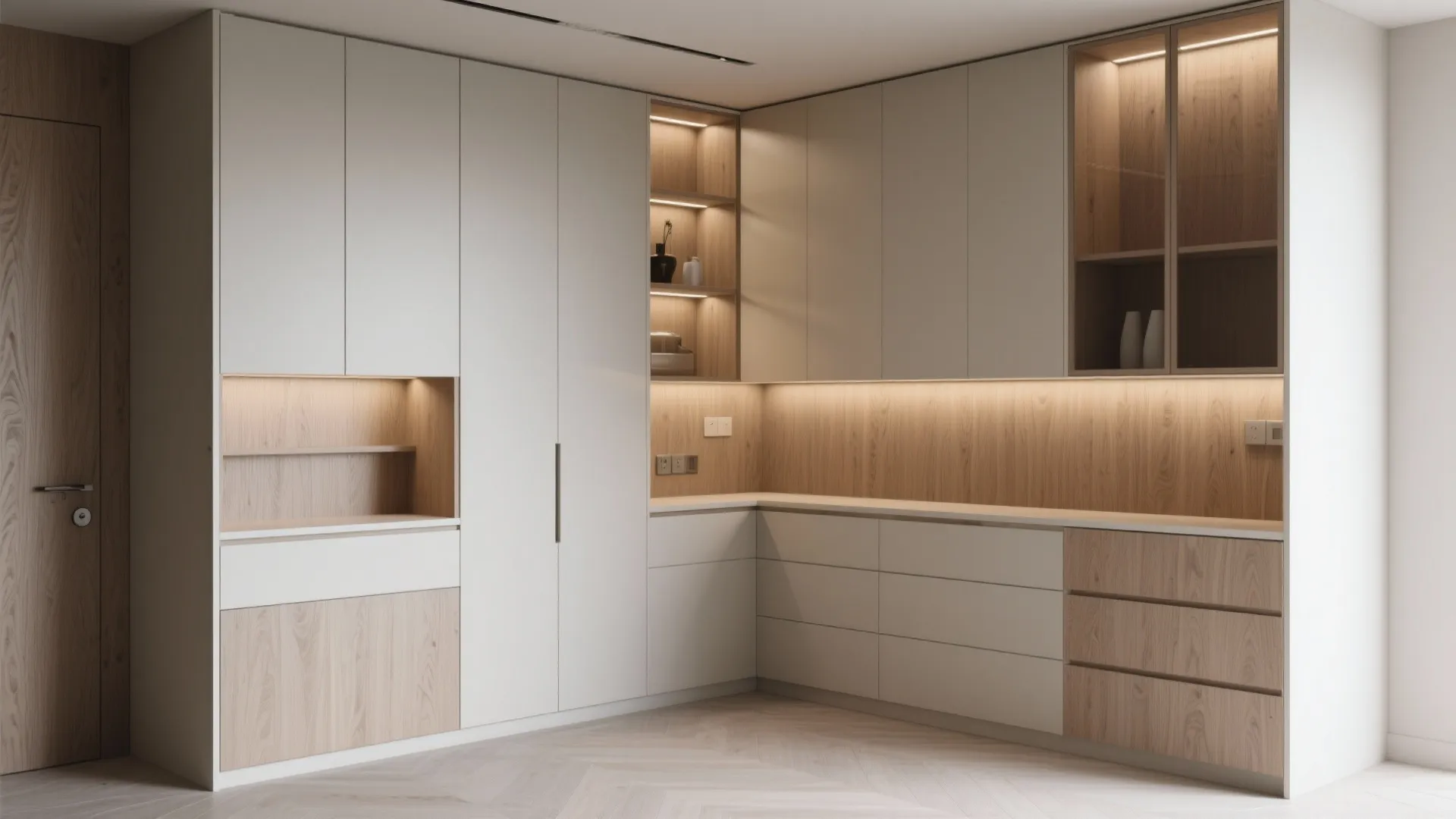 Modern minimalist kitchen cabinet design with white doors wooden shelves warm light fixture and clean lines