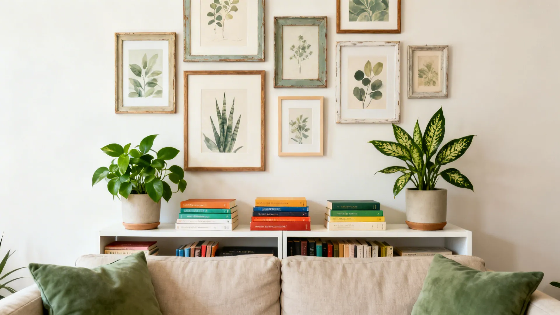 Botanical art frames on white wall above a shelf with colorful books and green plants