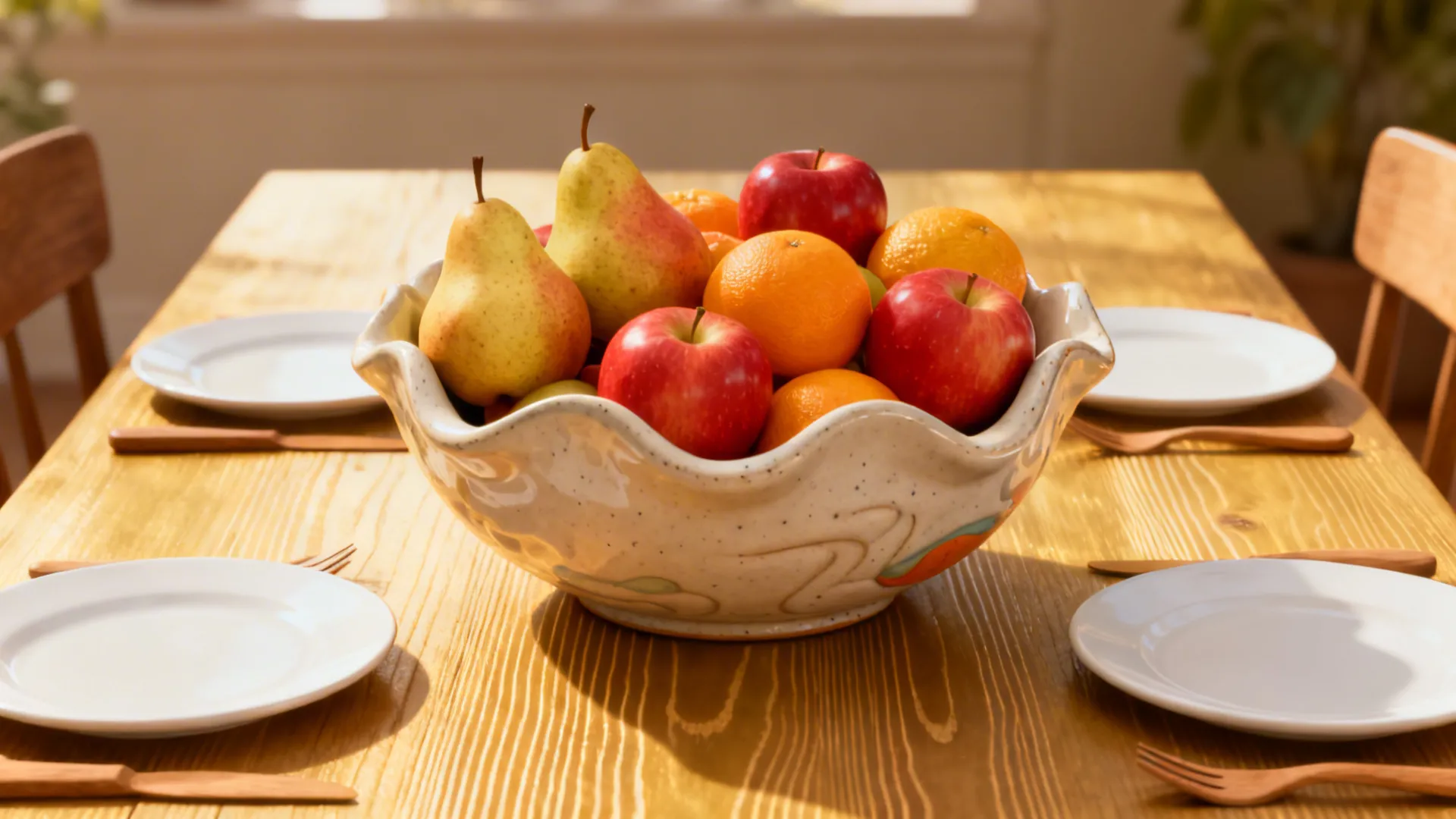 Fruit bowl with apples pears and oranges on a wooden dining table with white plates