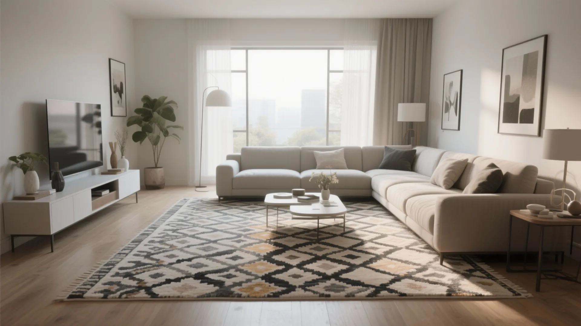Modern living room featuring large pattern rug white corner sofa television cabinet and floor lamp