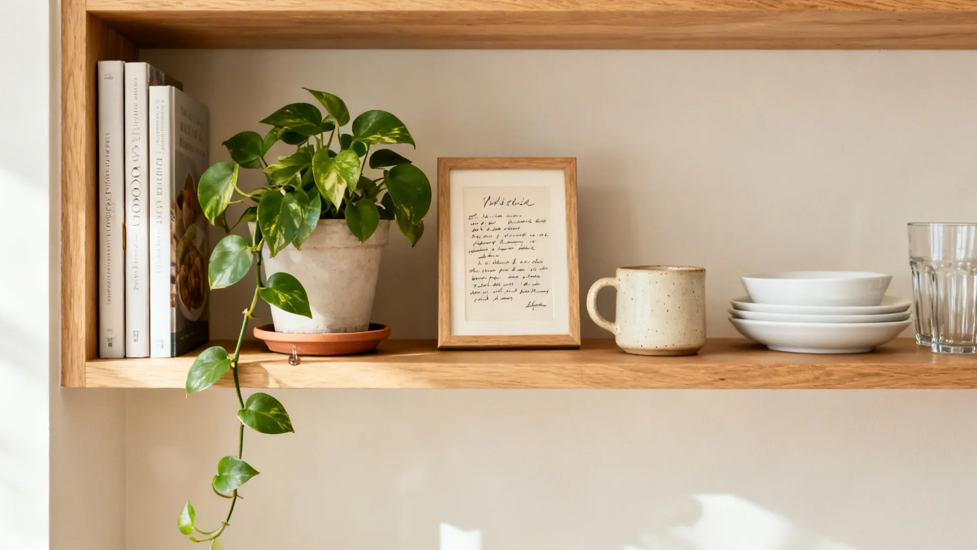 Open shelves with a trailing plant, slim cookbooks, a framed recipe, and a handmade mug.