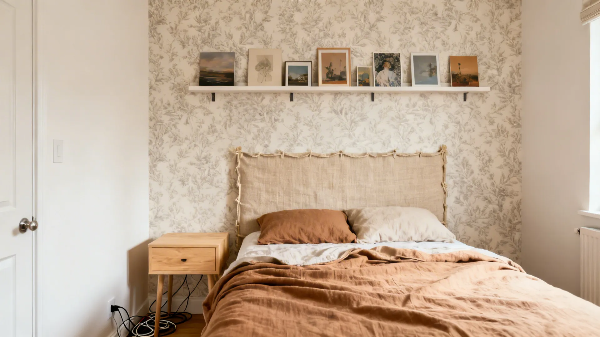 Small bedroom with peel-and-stick wallpaper, gallery ledges, and a linen DIY headboard.