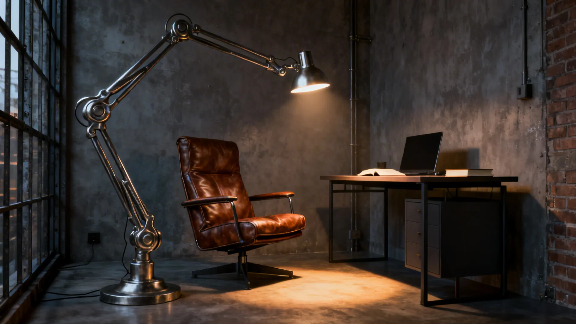 Loft corner with an articulated multi-joint lamp illuminating a reading chair and nearby desk