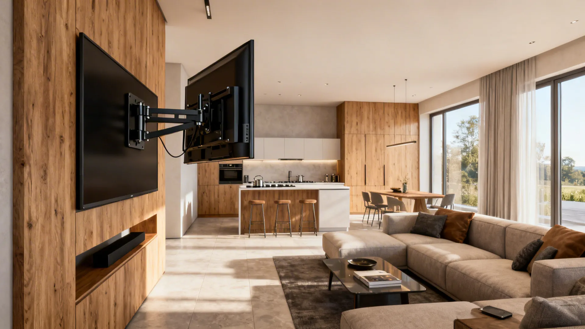 Open-plan living area showing a TV on a full-motion articulating arm swiveled toward the kitchen.
