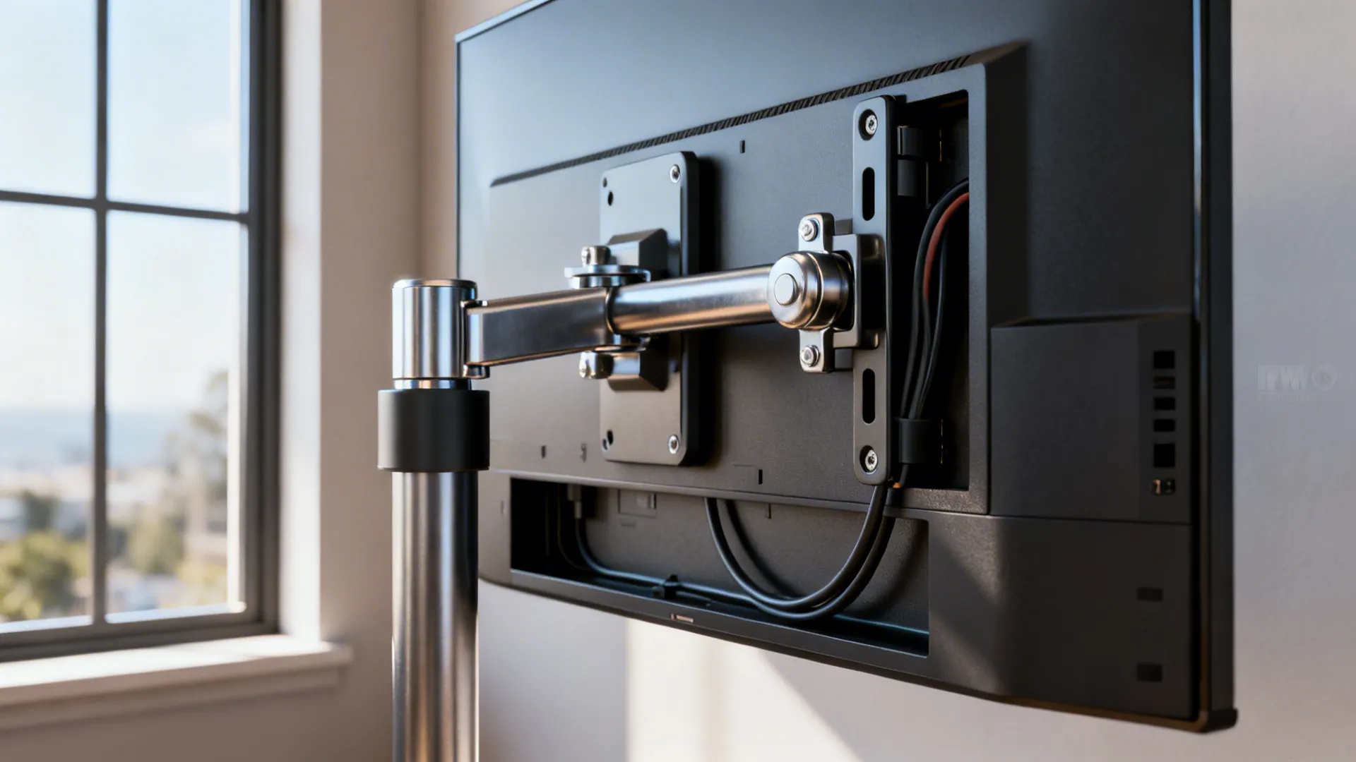 Close-up of an articulating TV arm and reinforced mount next to a window with hidden cables.