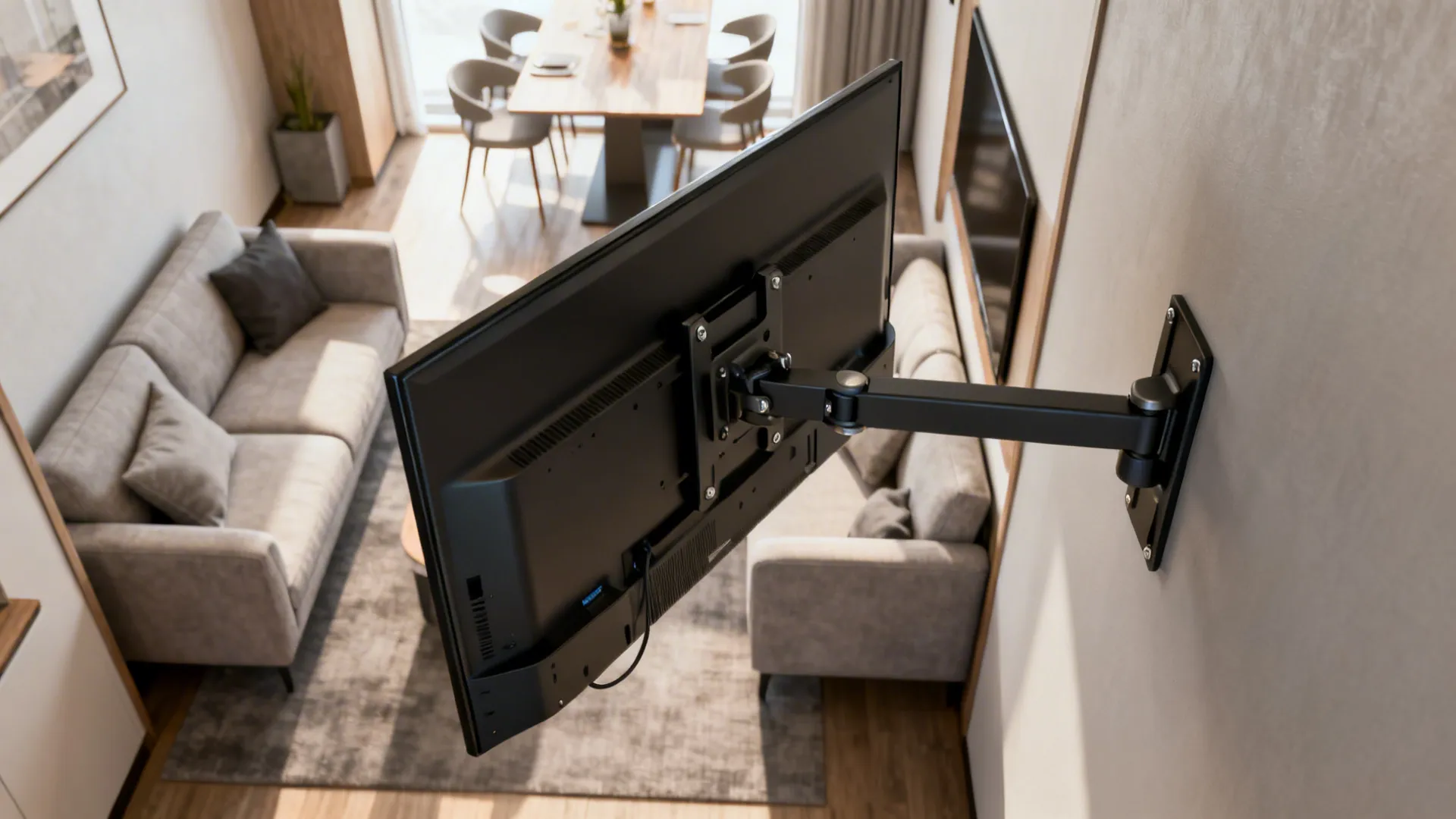Black metal television wall mount holding screen in open plan living room with grey sofa