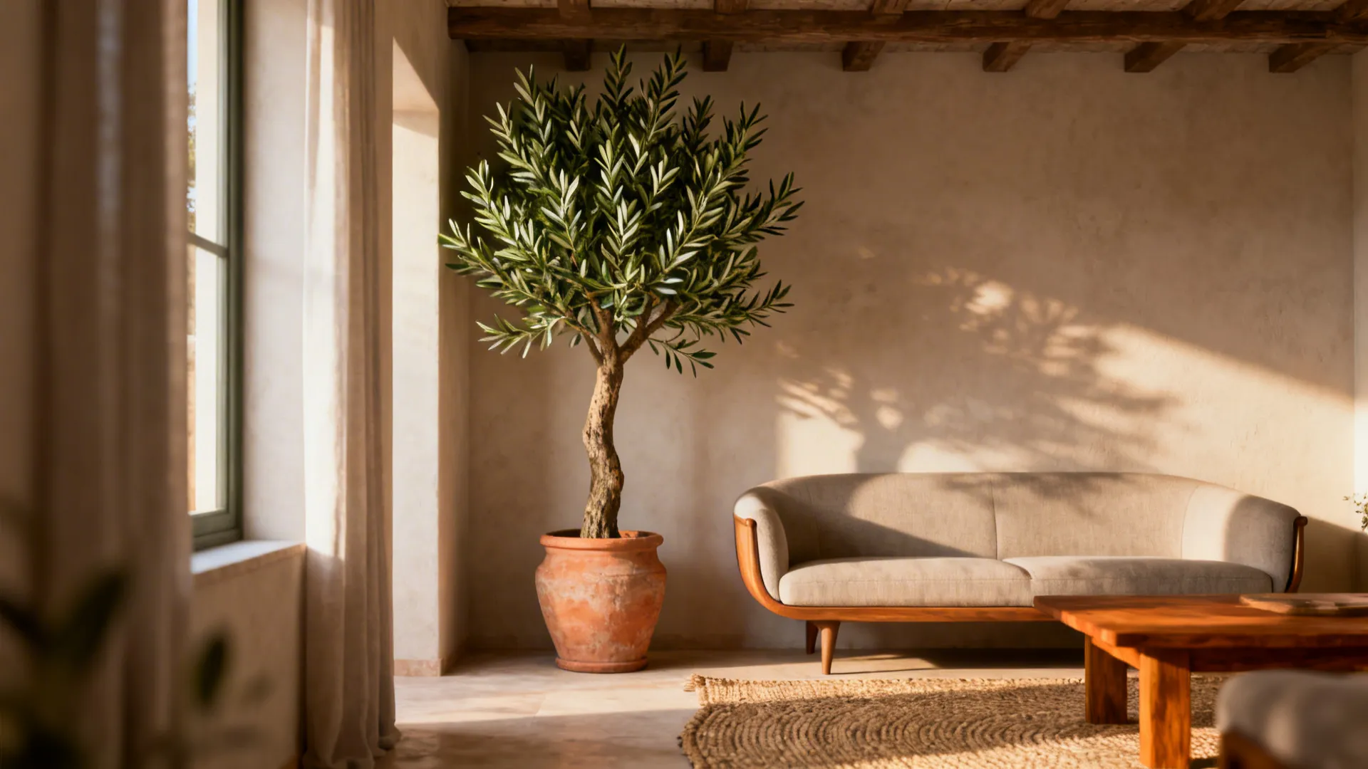 Rustic living room with wood ceiling beams a comfortable sofa and green tree in pot