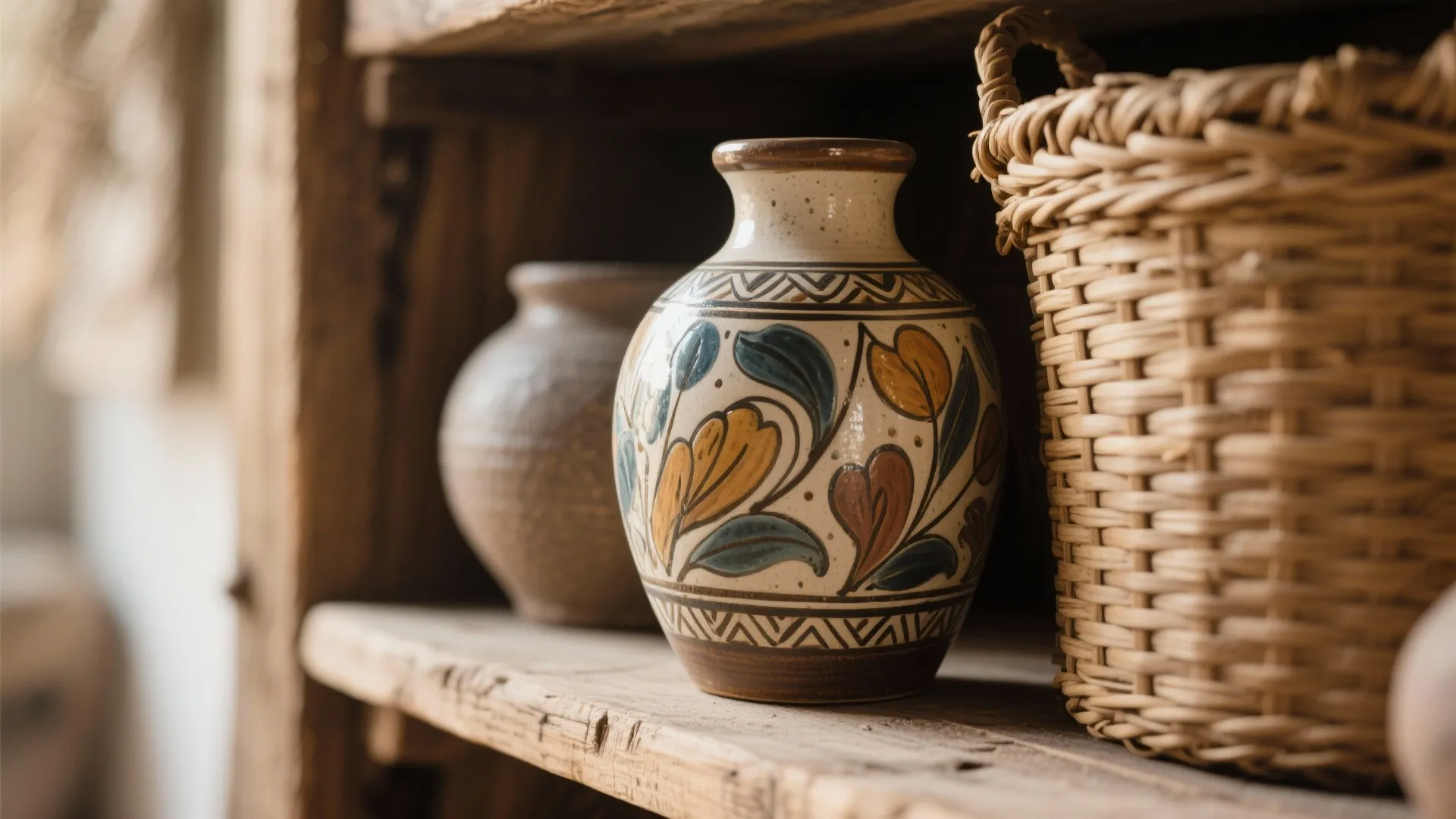 Handcrafted ceramic vase and woven basket on a wooden shelf