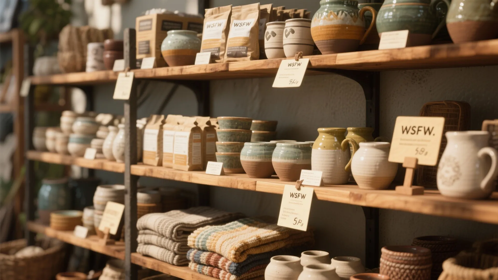 Shelves mixing wholesale staples with local handmade ceramics and textiles for a curated artisan bundle.