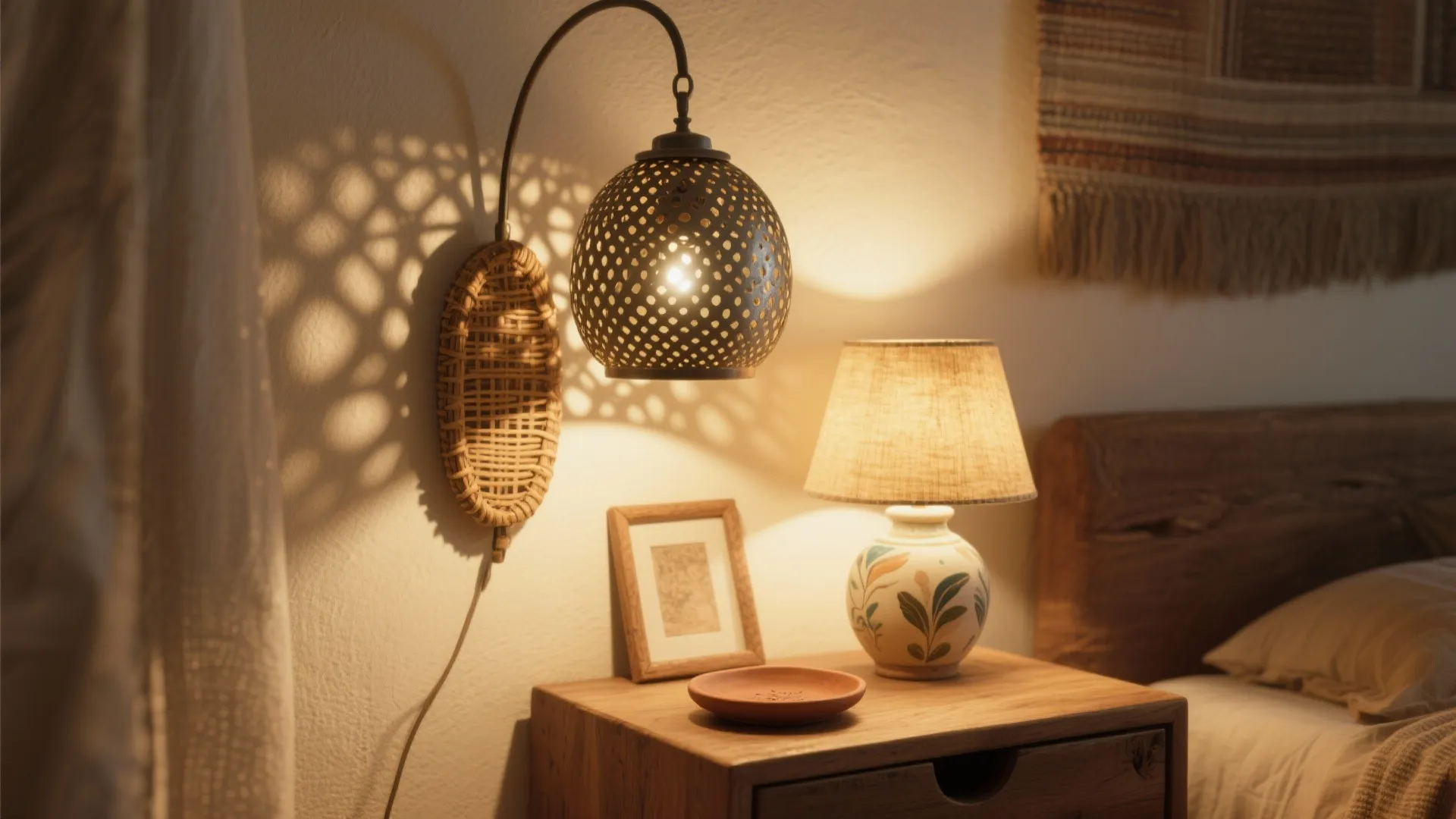 Wooden bedside table featuring a patterned wall light and a small decorative ceramic table lamp