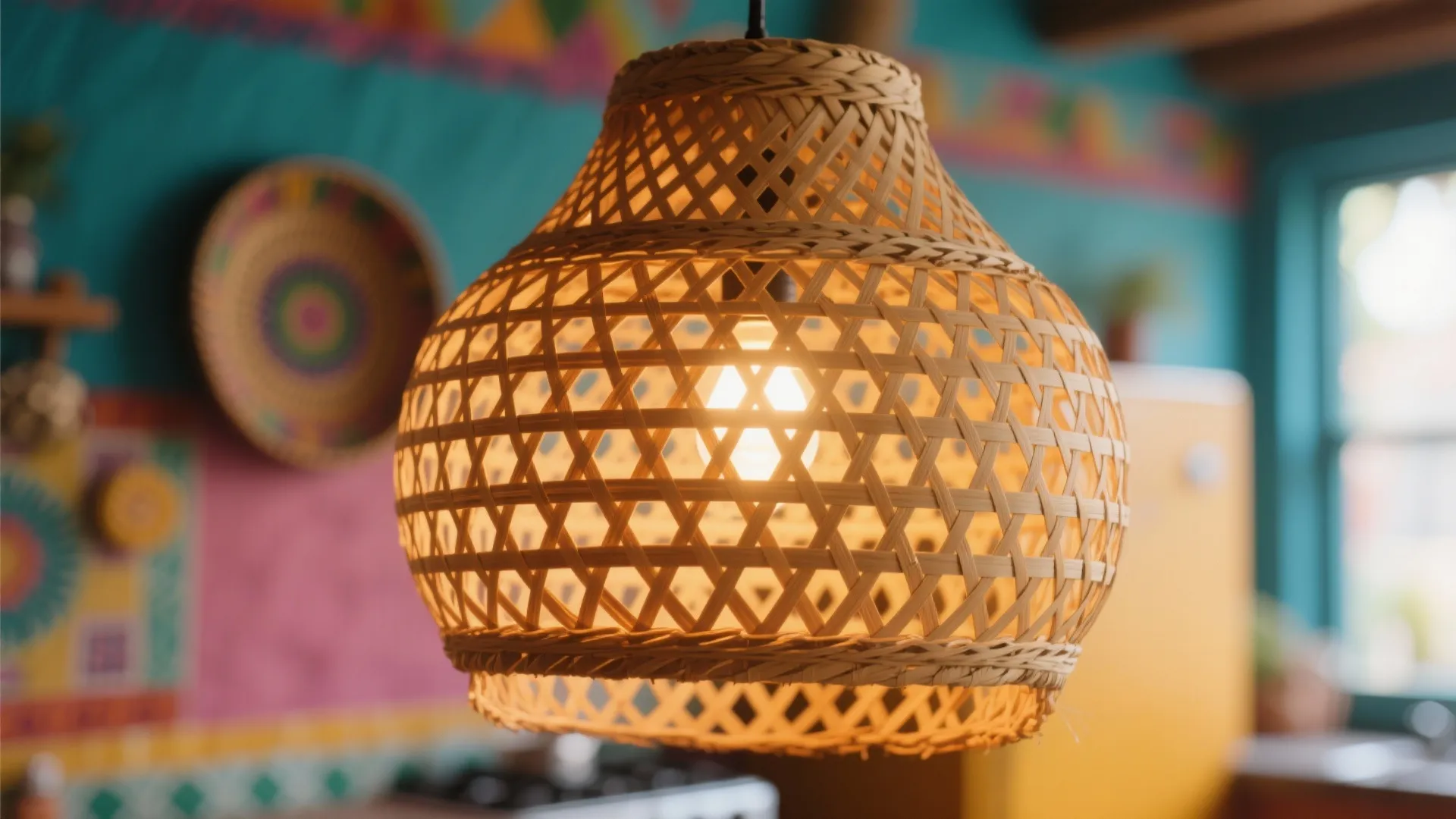 Woven basket ceiling light glowing in a bright kitchen with colorful walls and wooden furniture