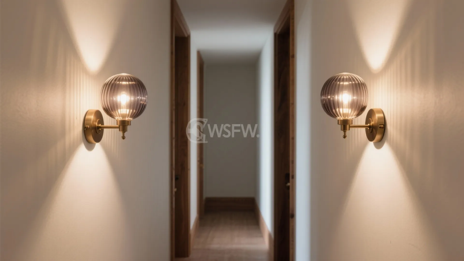 Two glass ball wall lights on white walls illuminating a narrow hallway with wooden door frames