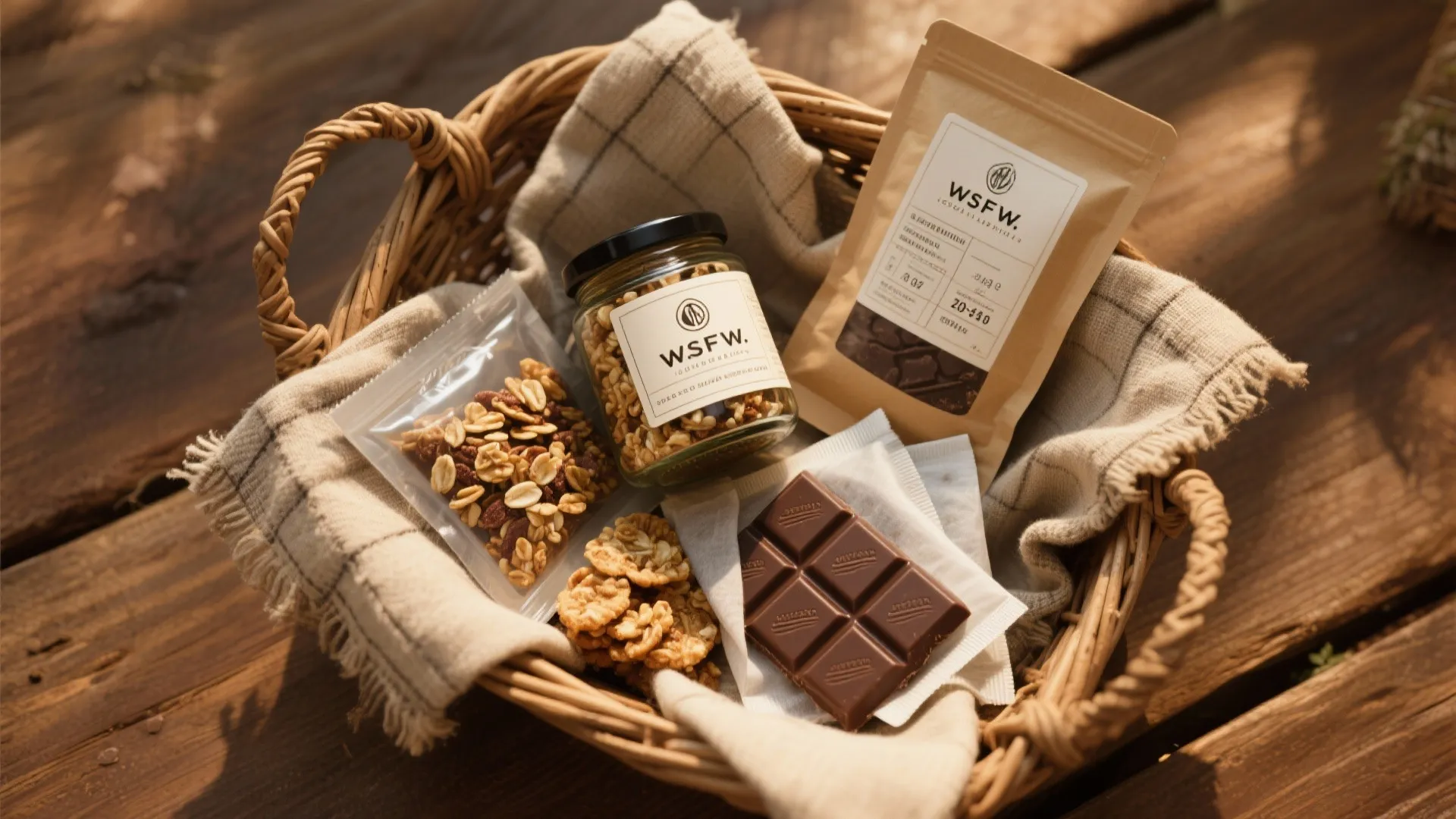 Woven basket containing glass jar of granola chocolate bar and snack bags on wooden surface