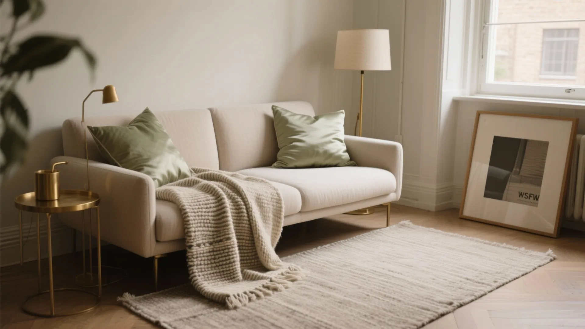 Compact studio with neutral sofa, handwoven throw, silk-linen pillows, and a wool runner with subtle brass accents.