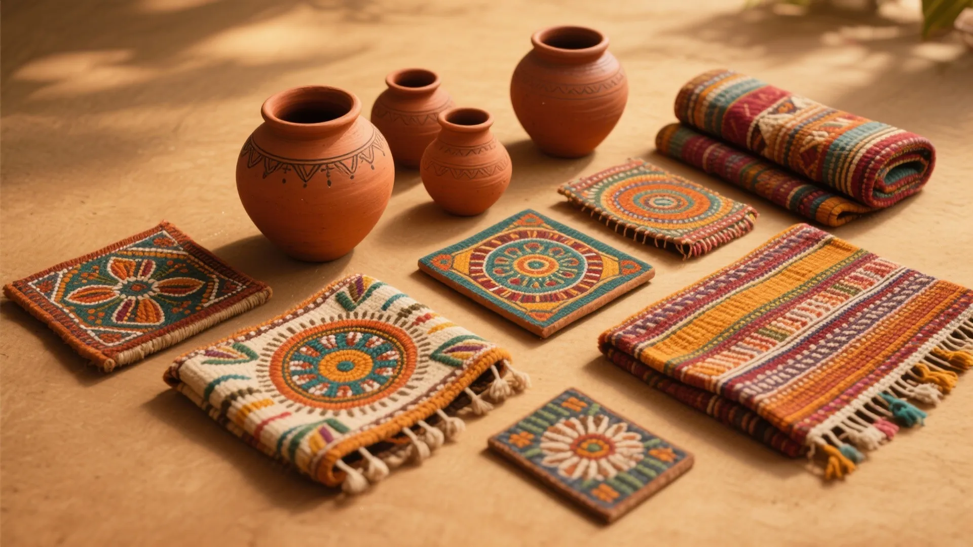 Traditional clay pots and colorful woven mats with patterns placed on a sandy brown surface