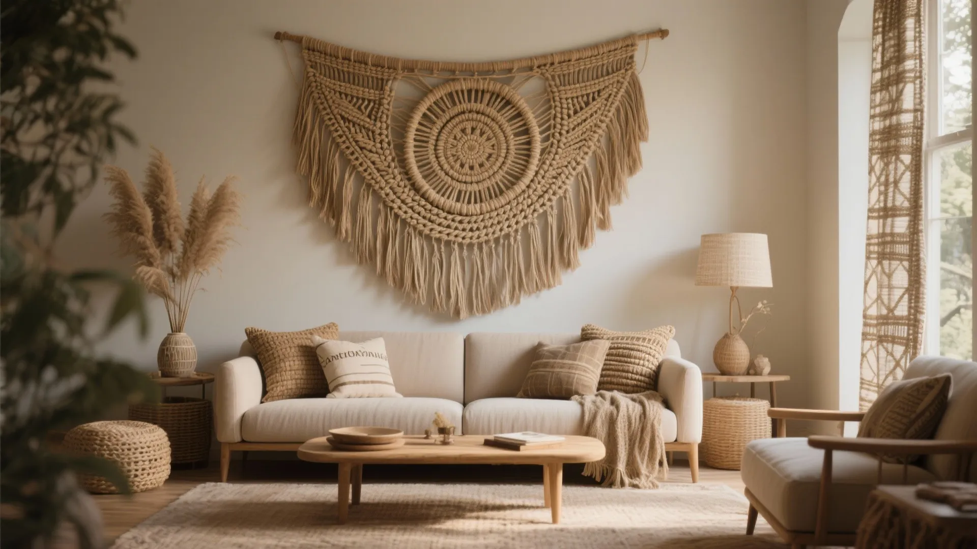 Large woven wall hanging above sofa in cozy living room