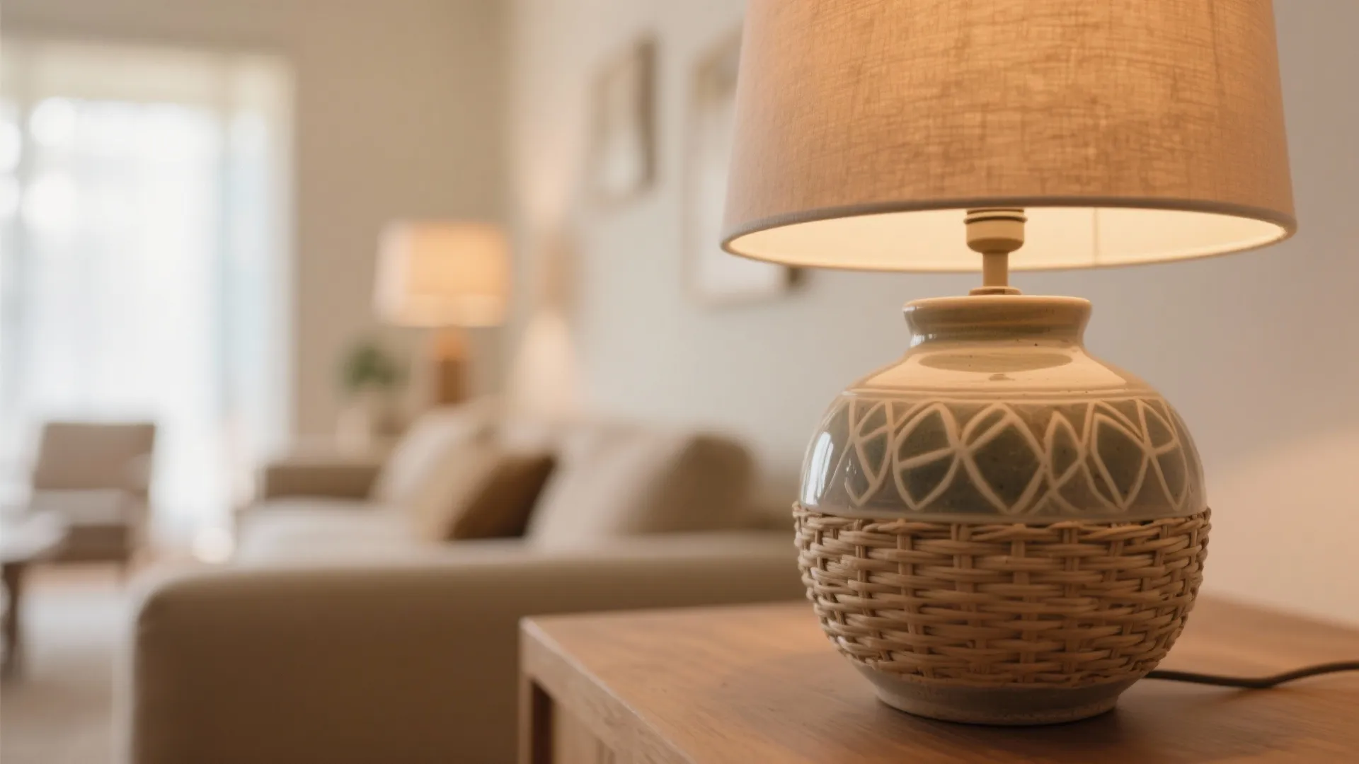 Close-up of ceramic lamp and woven basket in warm-toned living room