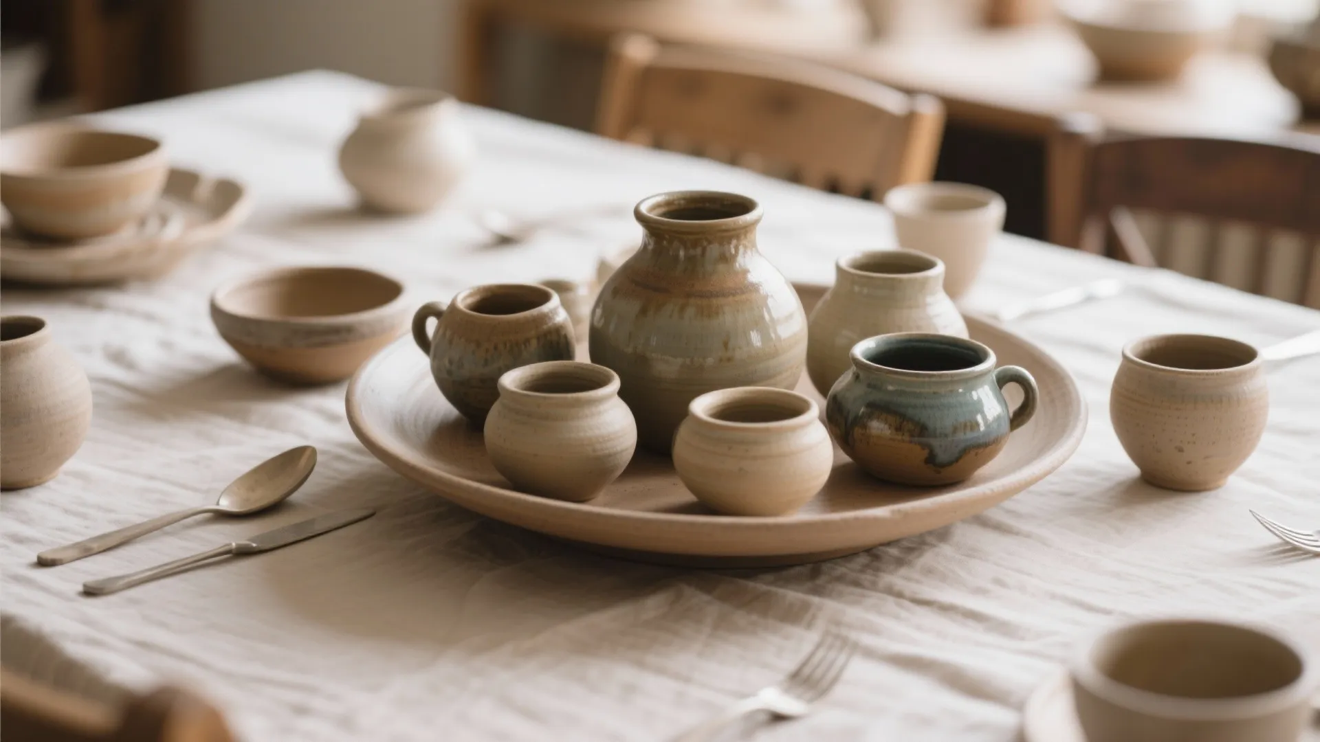Handmade pottery pieces in mixed glazes as a dining centerpiece