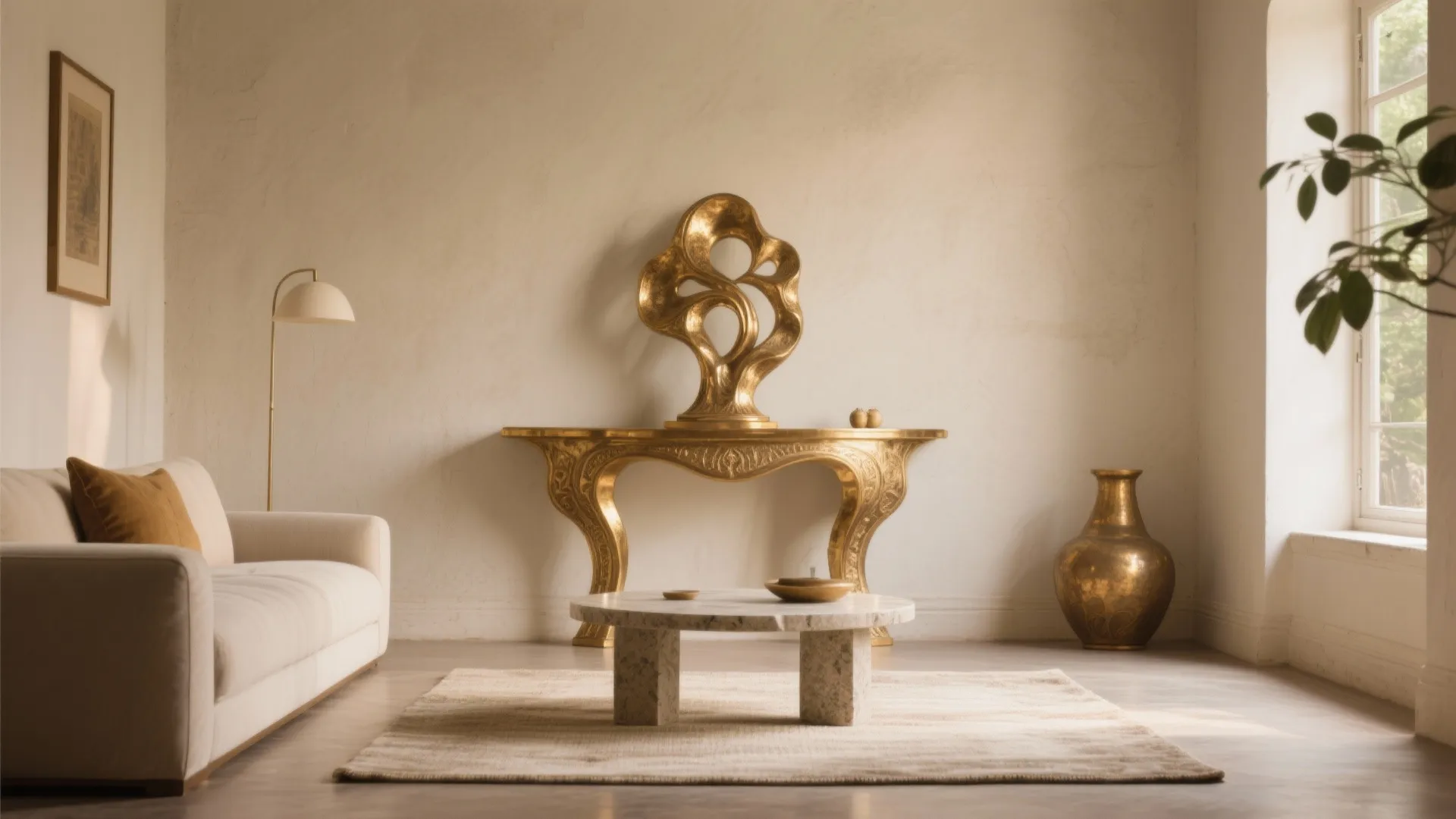 Handcrafted brass console as a focal point in a small neutral Delhi living room.