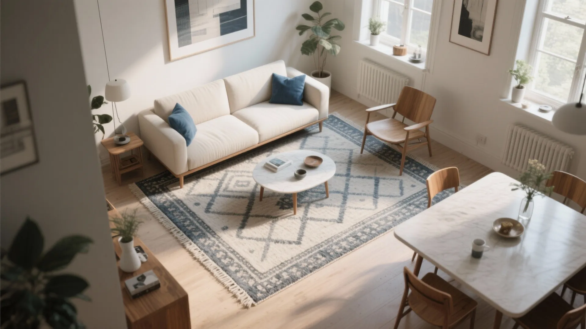 Modern living room view with white sofa blue pillows patterned rug and wooden dining table