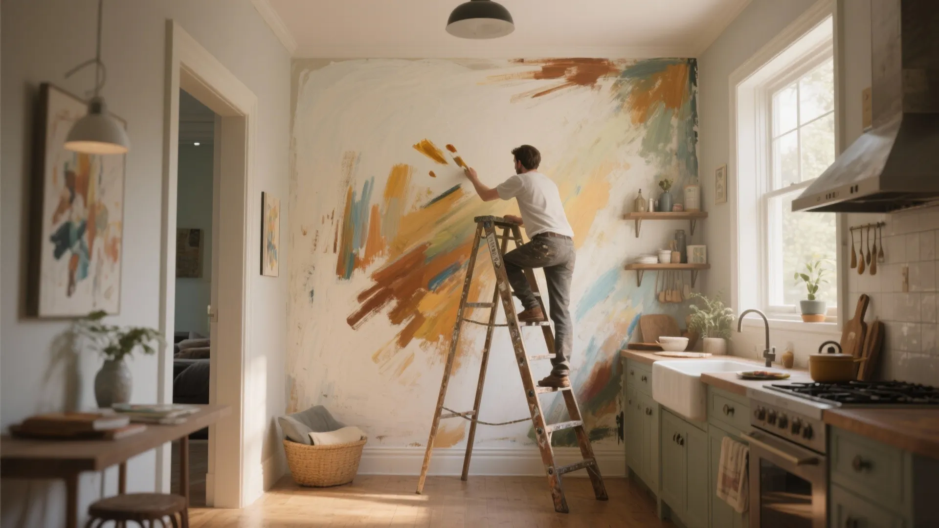 Man standing on a wooden ladder painting colorful abstract art on a white kitchen wall