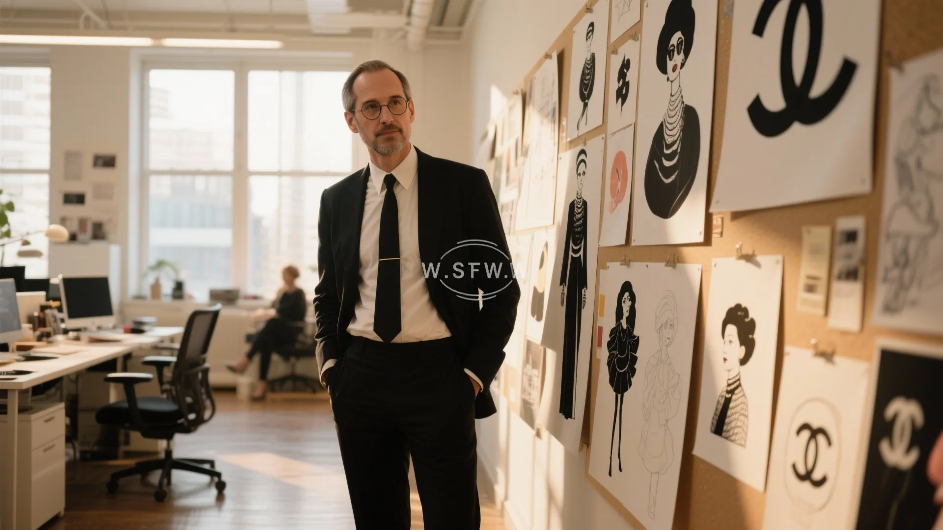 Professional man in black suit standing by a wall with many fashion design drawing sketches