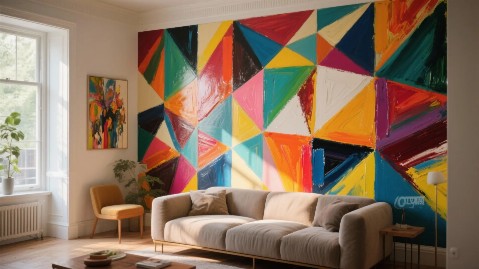 Bright living room with colorful geometric wall painting plus beige sofa and small yellow chair