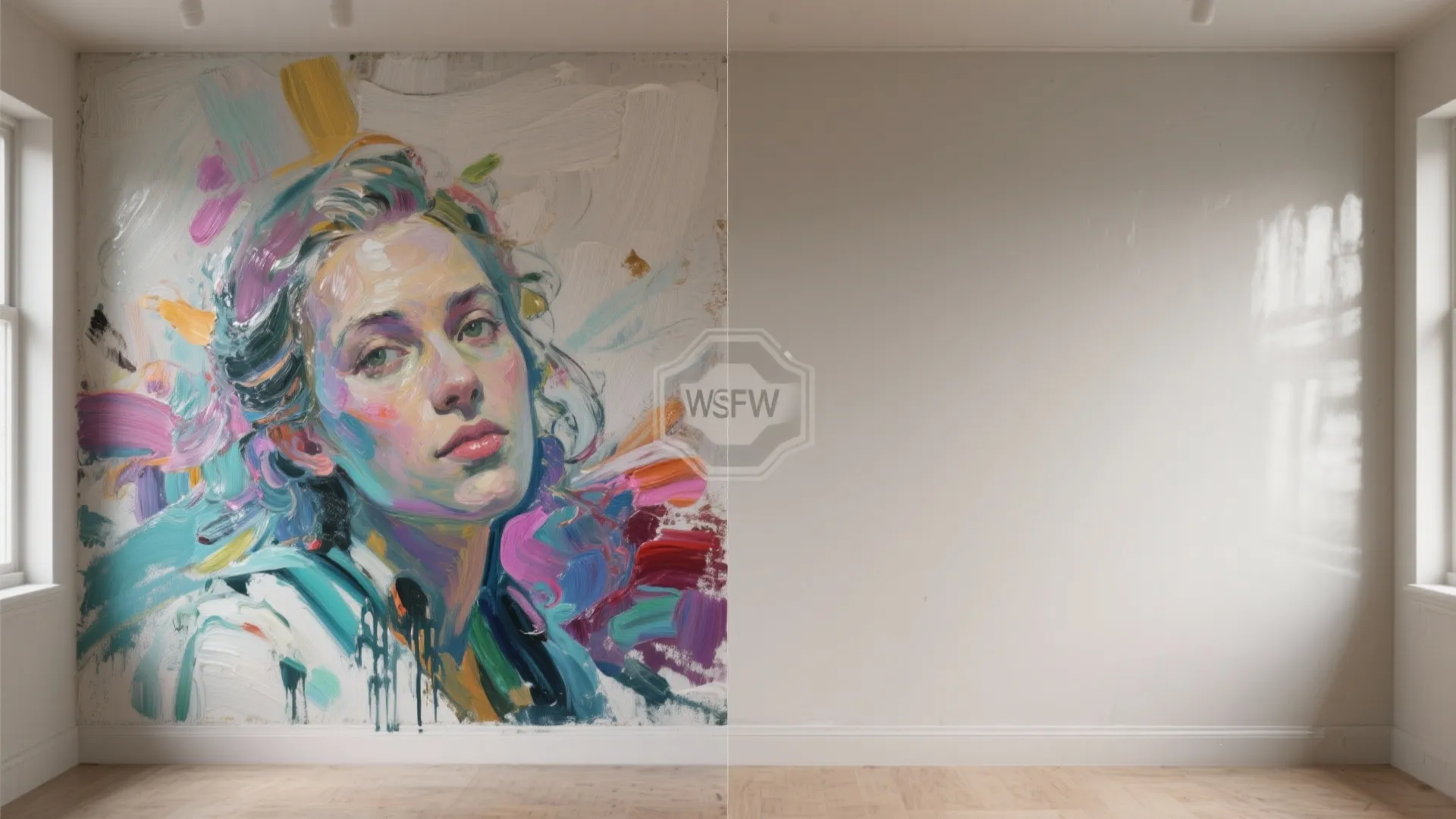 Comparison showing a colorful portrait wall painting next to a plain white empty room wall