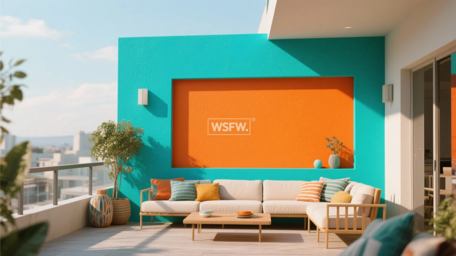 Modern outdoor balcony with blue and orange walls featuring a white sofa and wooden table