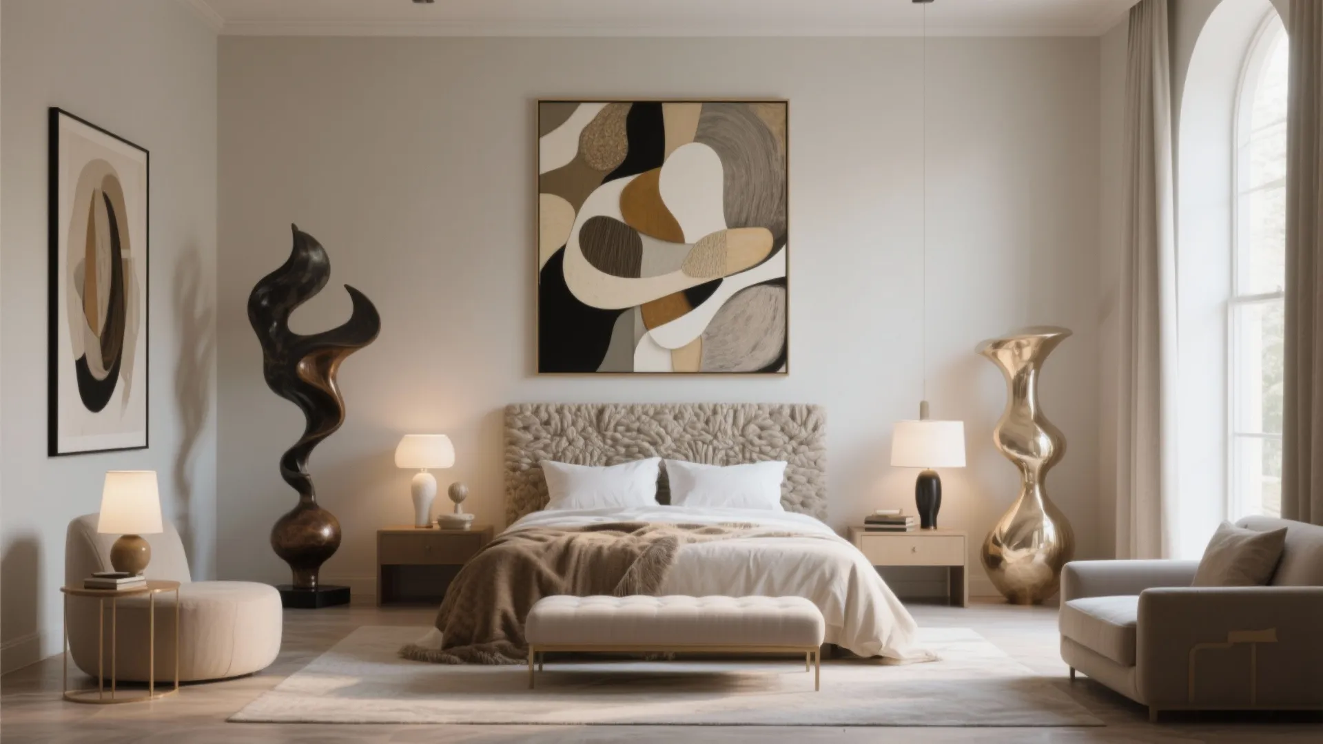 Modern artistic bedroom with neutral bedding plus brown sculptures and abstract wall art on display