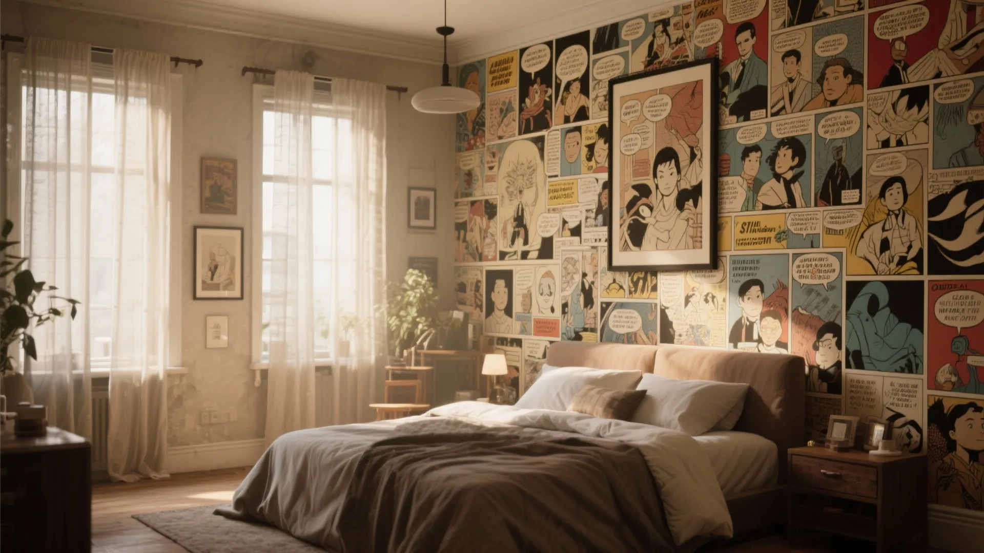 Bedroom with colorful comic book wallpaper, brown bed, white pillows, sheer curtains, and ceiling light