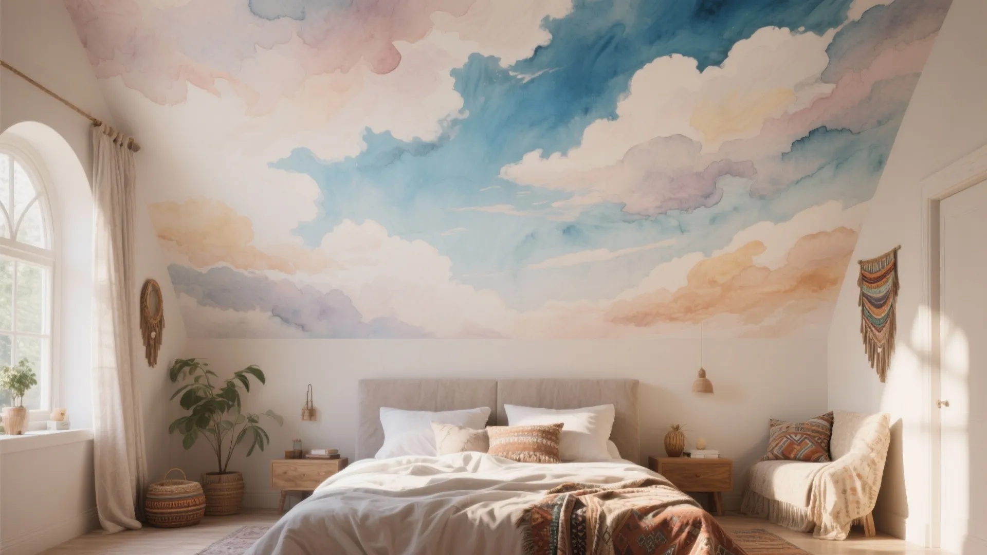 Bohemian bedroom with colorful cloud ceiling mural white bed wooden side tables and potted green plant