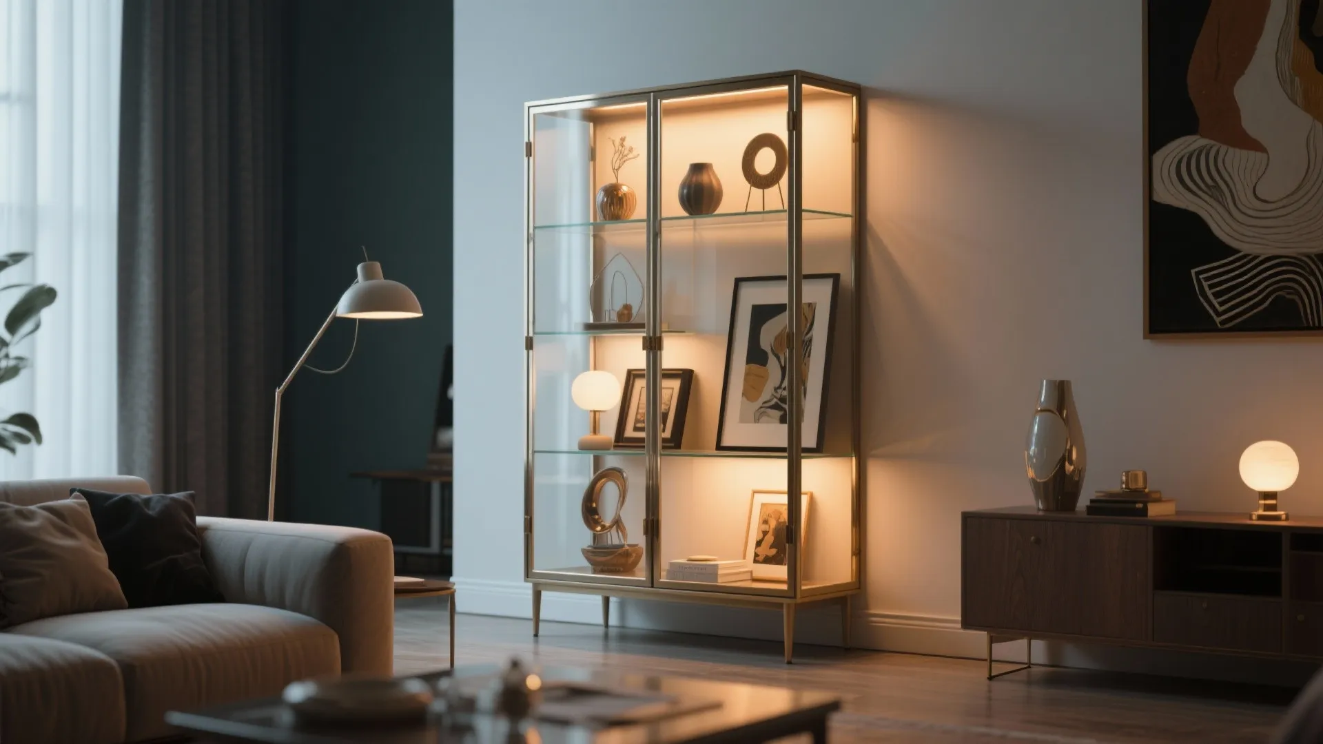 10. Artistic Curio Cabinet with Accent Lighting