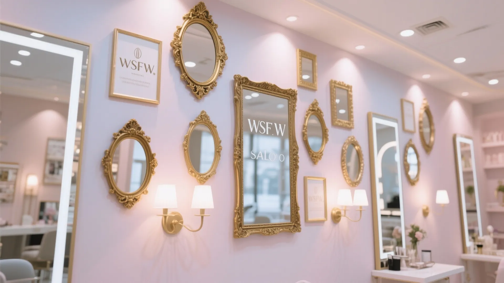 Beauty salon wall decorated with several gold framed mirrors and light fixtures on pink background