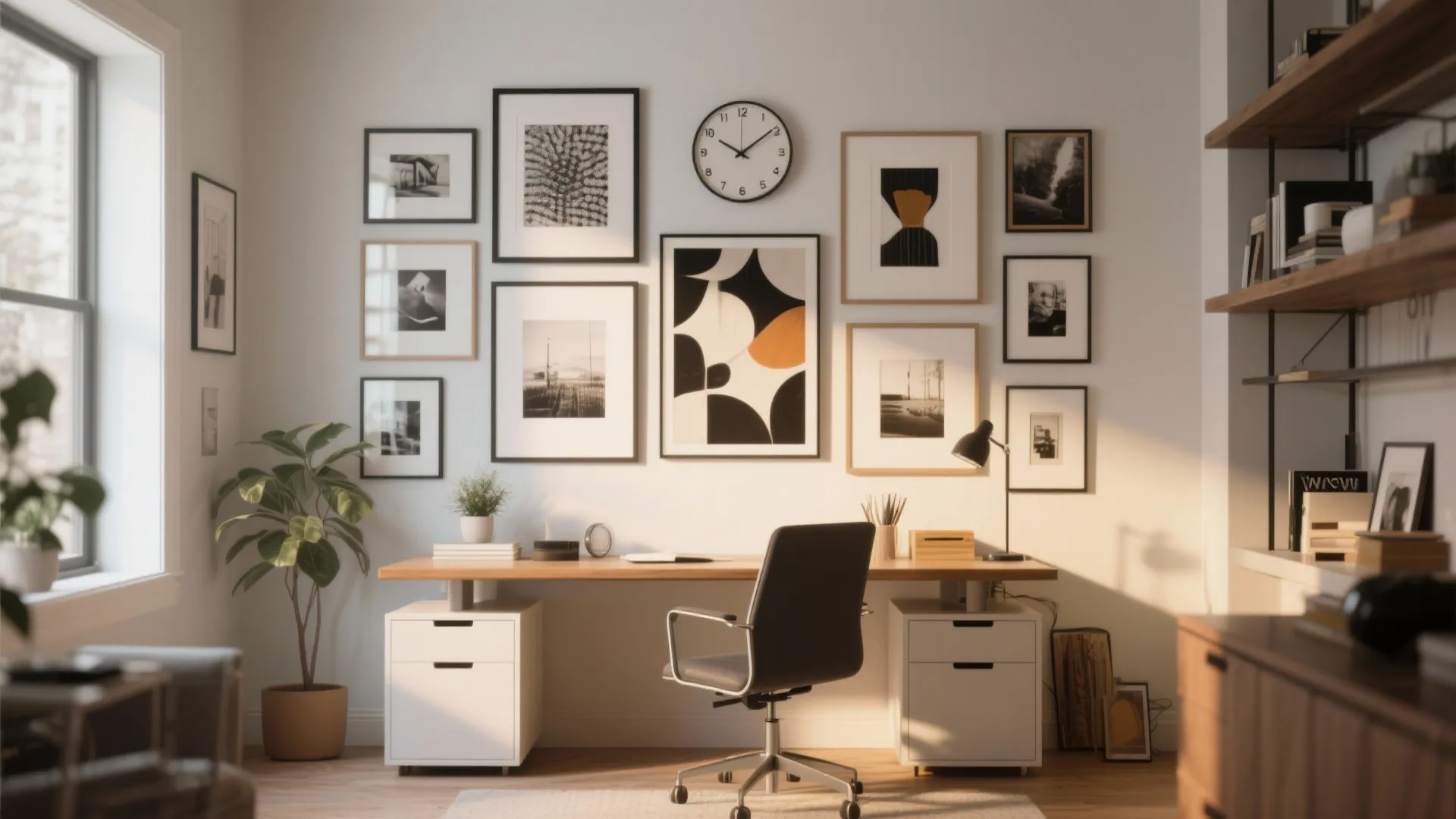 Gallery wall with framed art and balanced composition in an office