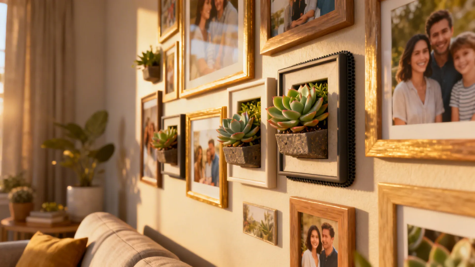 Gallery wall of small framed succulent planters paired with family photos and protective backing.