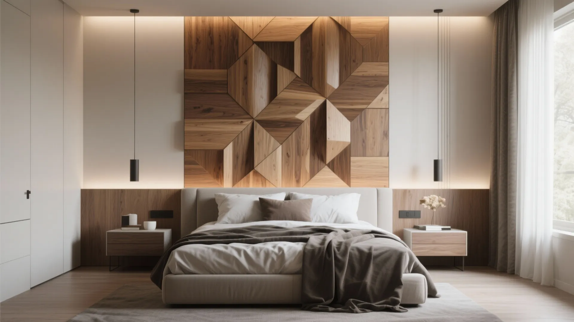 Contemporary bedroom interior showing a large geometric wood wall panel behind a soft beige bed