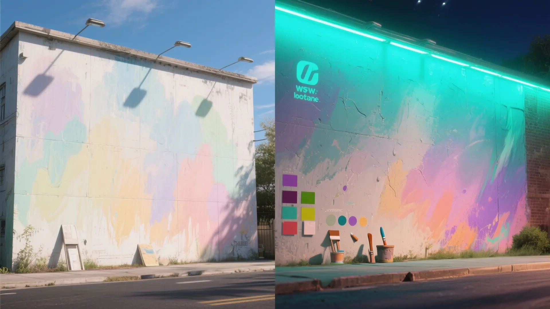 Side by side comparison of a colorful painted wall during daytime and under neon lighting