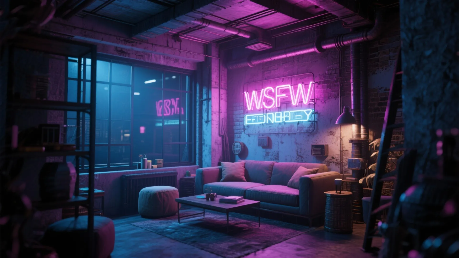 Custom neon sign glowing in a modern loft corner