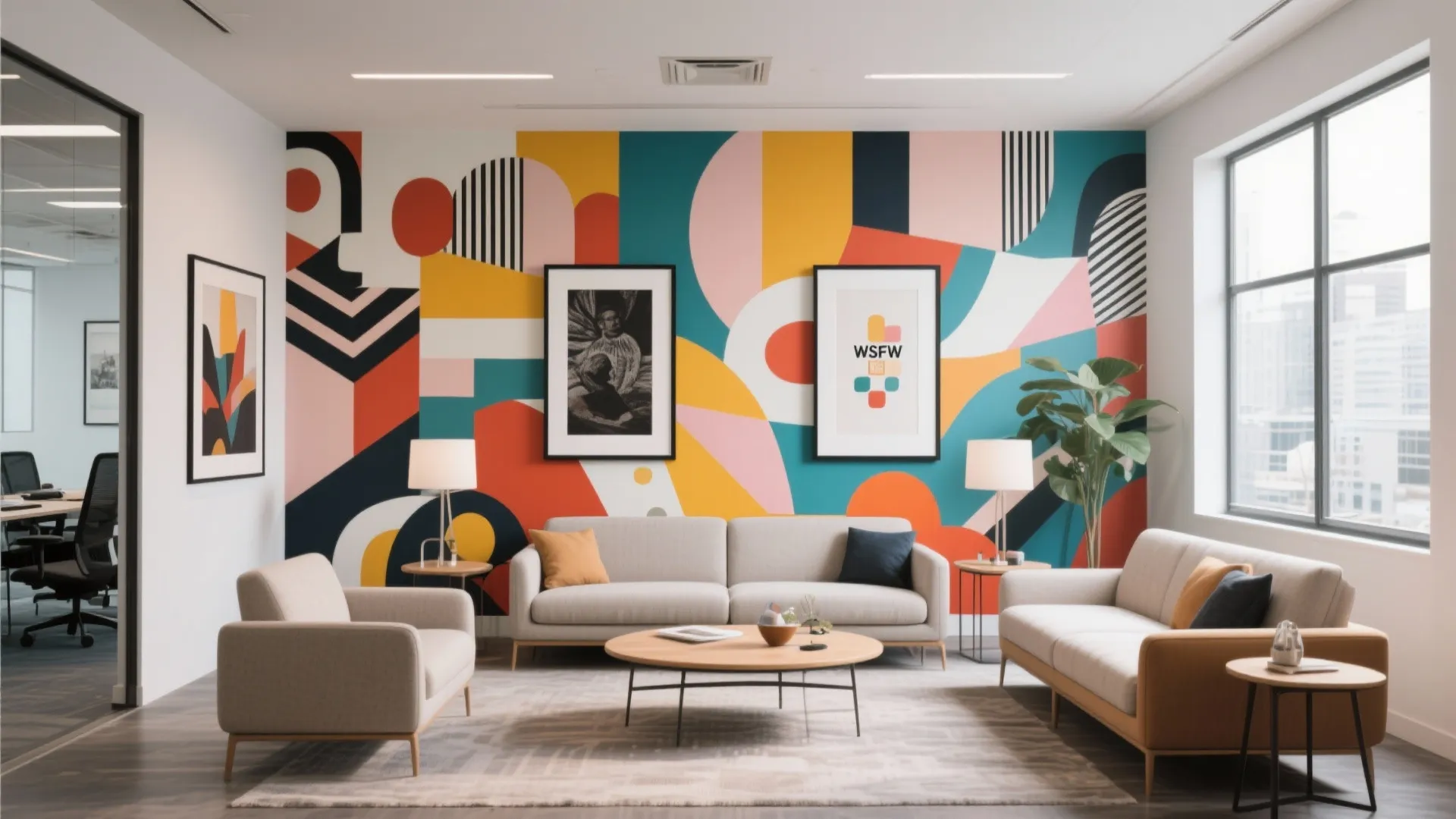 Office sitting room with a vibrant mural and framed artworks