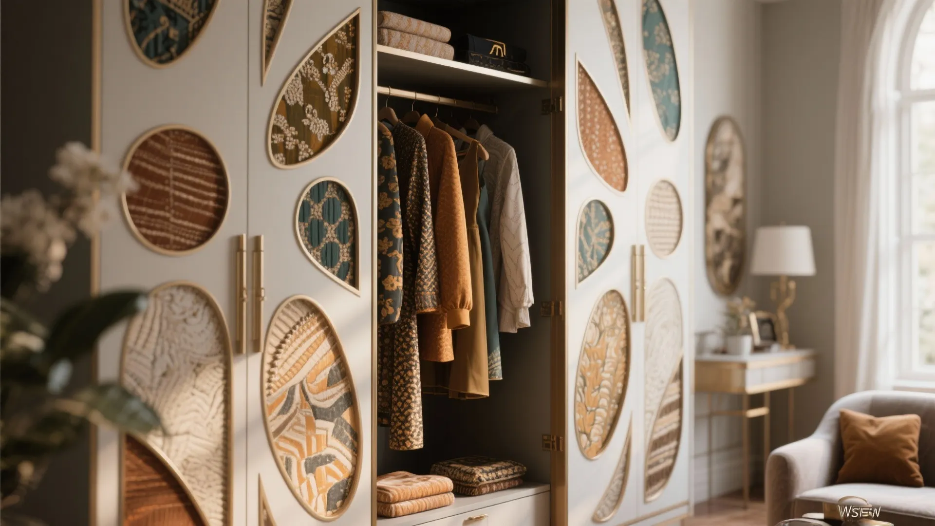 Artistic white cabinet with leaf shaped patterns showing hanging clothes in a warm lit bedroom