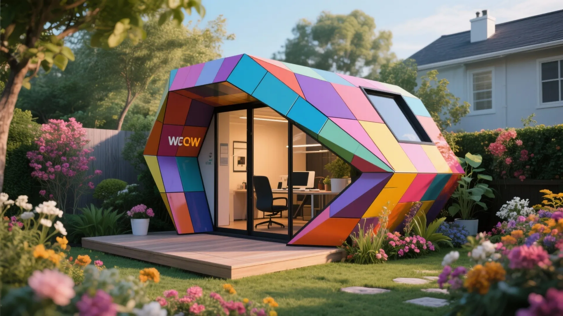 Colorful geometric garden office pod with glass door showing desk chair and computer in lush backyard