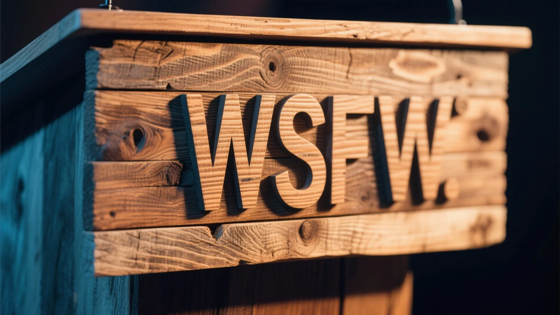 Close up of a rustic wooden podium featuring large letters WSFW fixed on the front