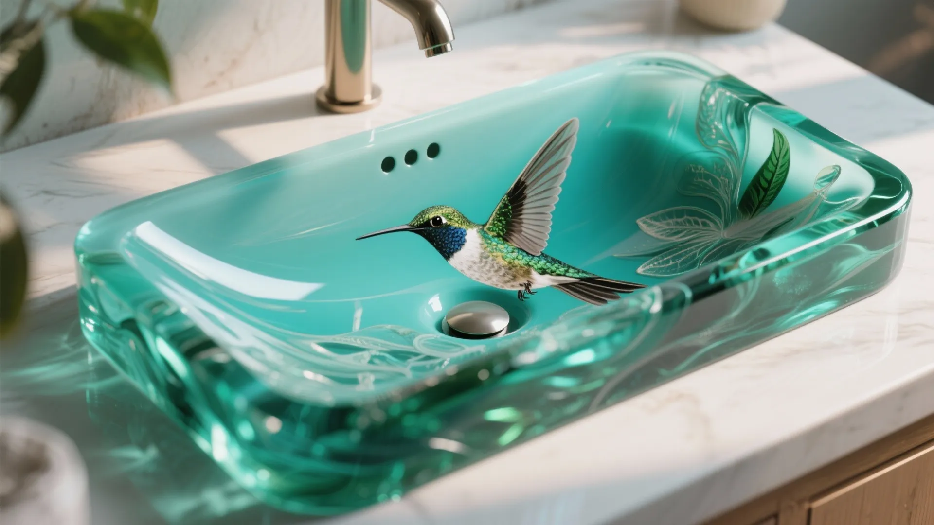 Modern turquoise glass bathroom sink with hummingbird design and gold faucet on white marble counter