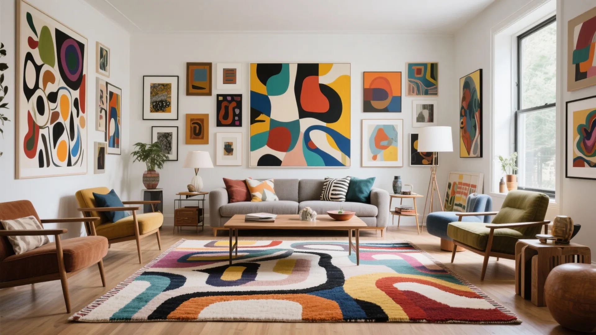 Living room with custom abstract art rug and eclectic décor