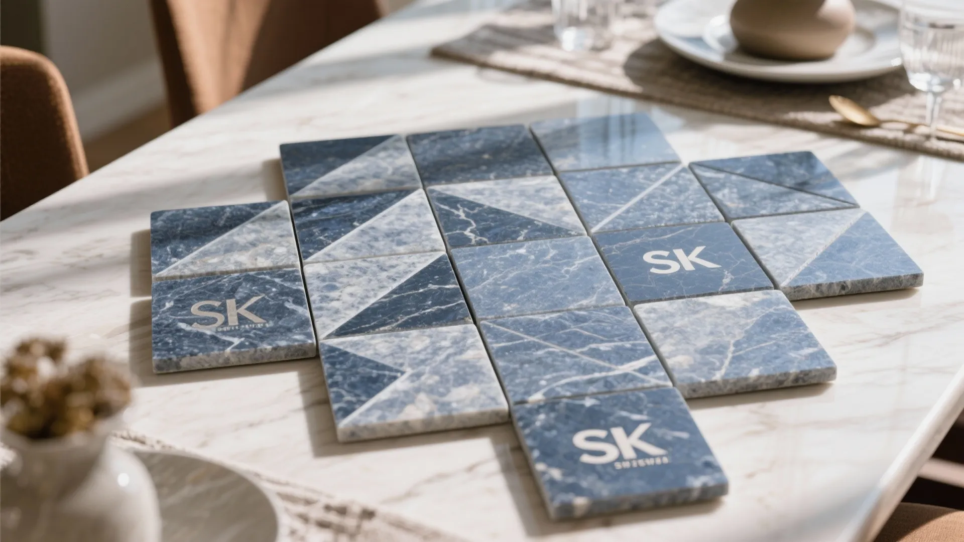Blue marble floor tile samples with white patterns and letters displayed on a marble dining table